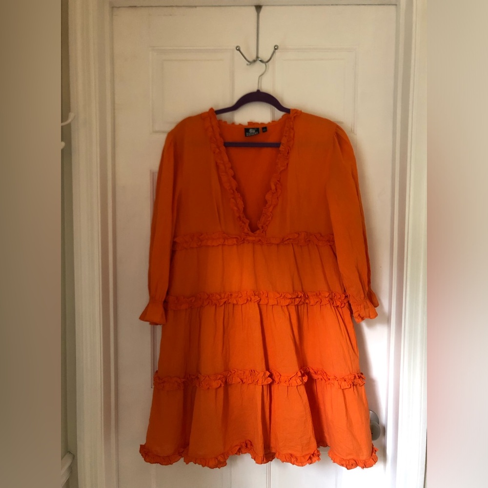 Madison Mathews Charleston Tiered Mini Dress Ruffle V-Neck Long Sleeve size L